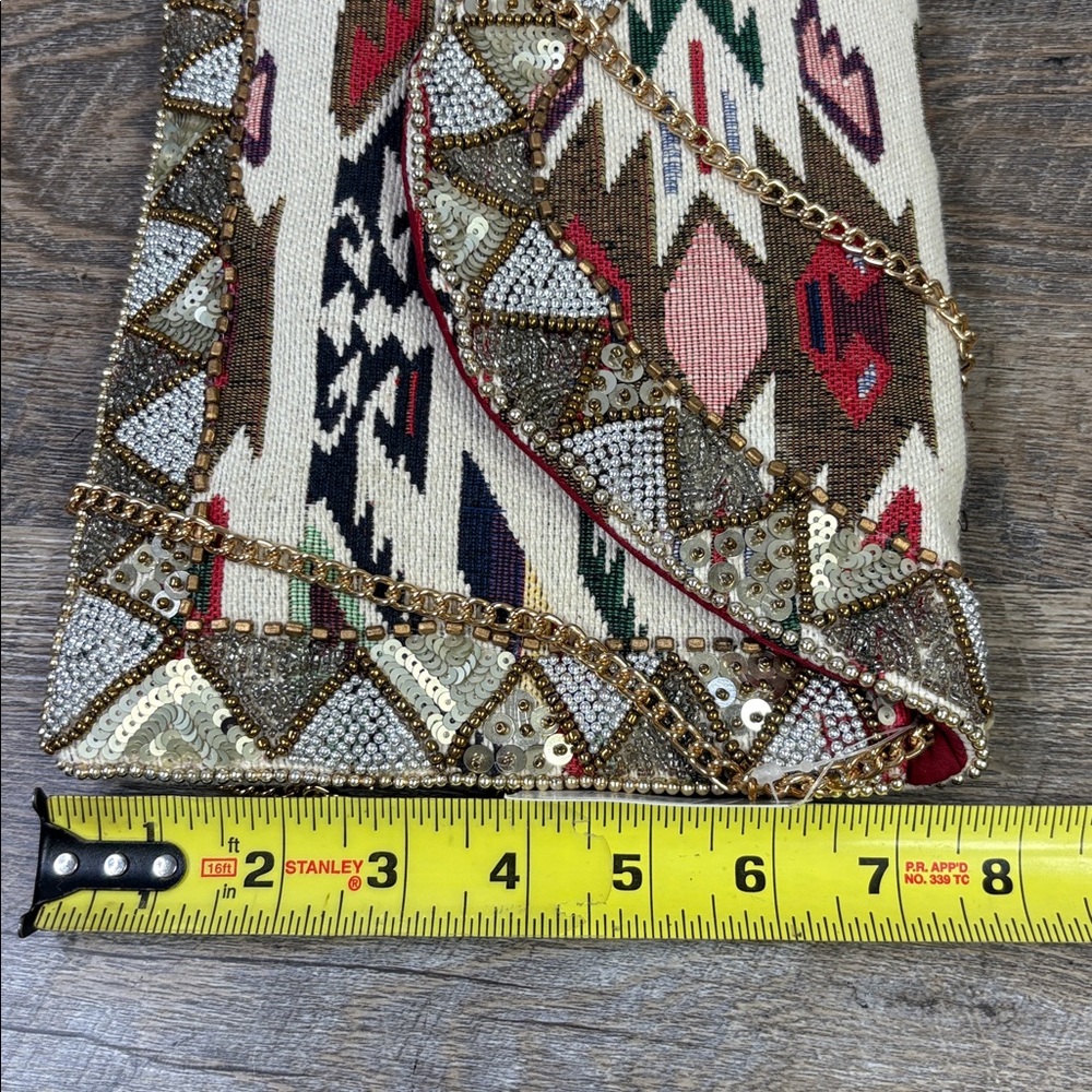 Beaded Aztec Envelope Clutch with Gold Chain Strap - Picture 4 of 9